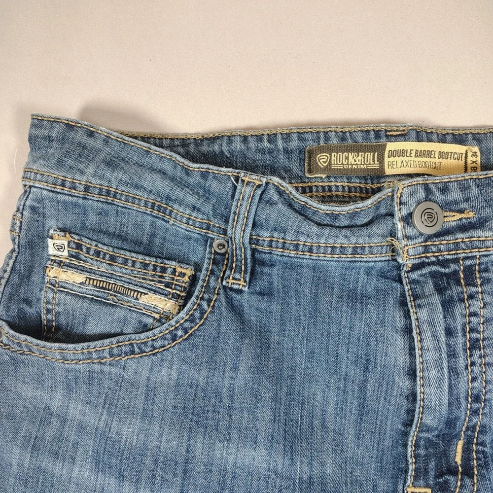 Rock & Roll Denim Bootcut Men 38x34 Blue Relaxed Double Barrel Stretch Denim